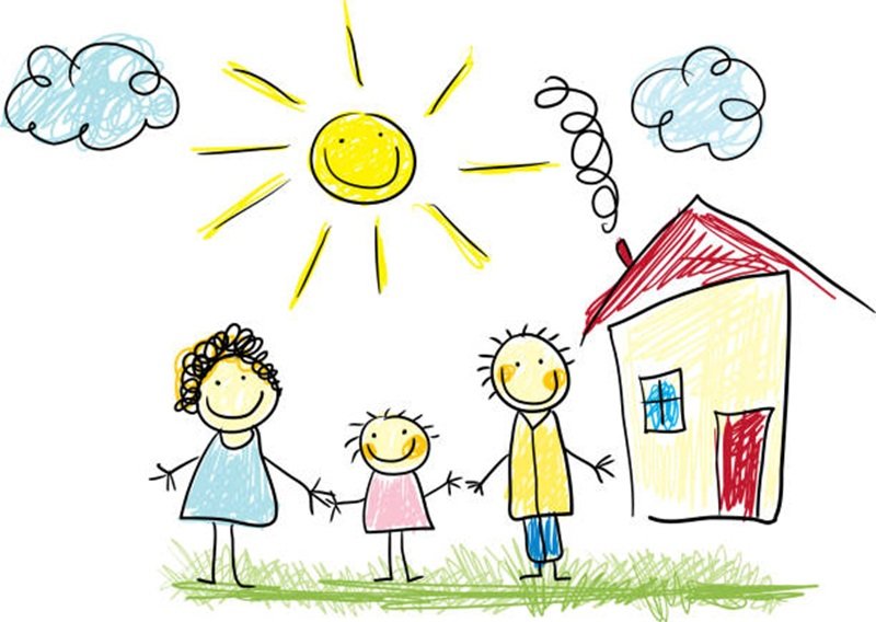 Happy family and new house (child’s drawing collection)