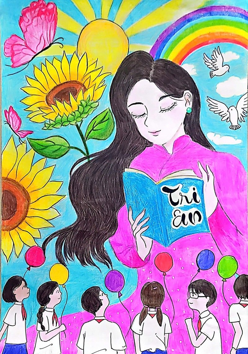 vẽ tranh thầy cô và mái trường đơn giản