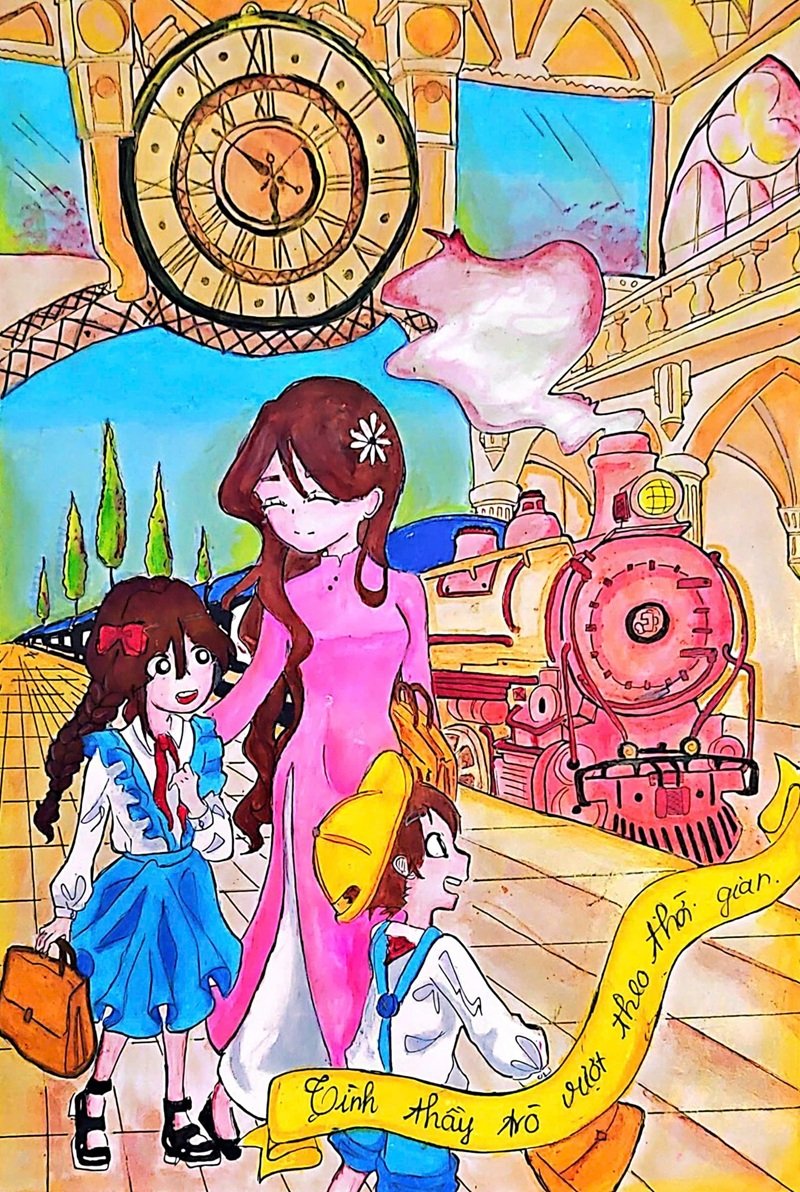 vẽ tranh thầy cô và mái trường