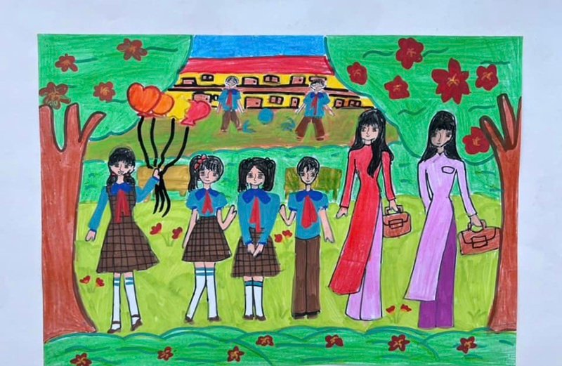 vẽ tranh về thầy cô và mái trường 3