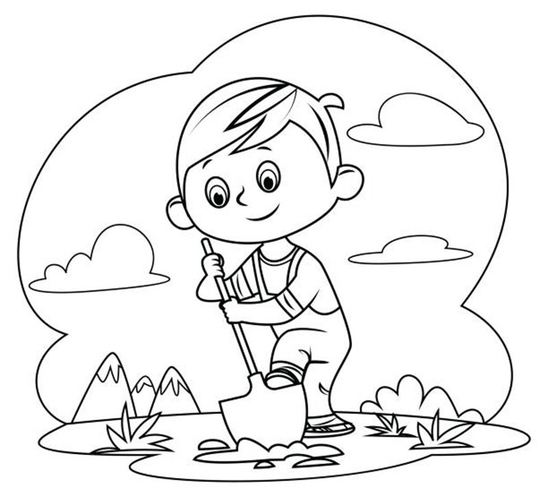 Cute little boy digging hole with shovel vector illustration
