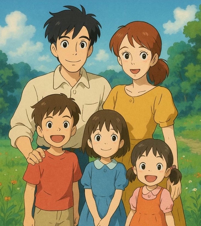 Hình gia đình 5 người anime ngọt ngào