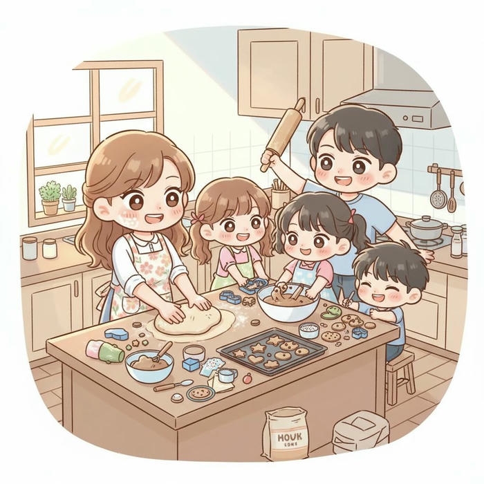 Hình gia đình 5 người anime vui tươi